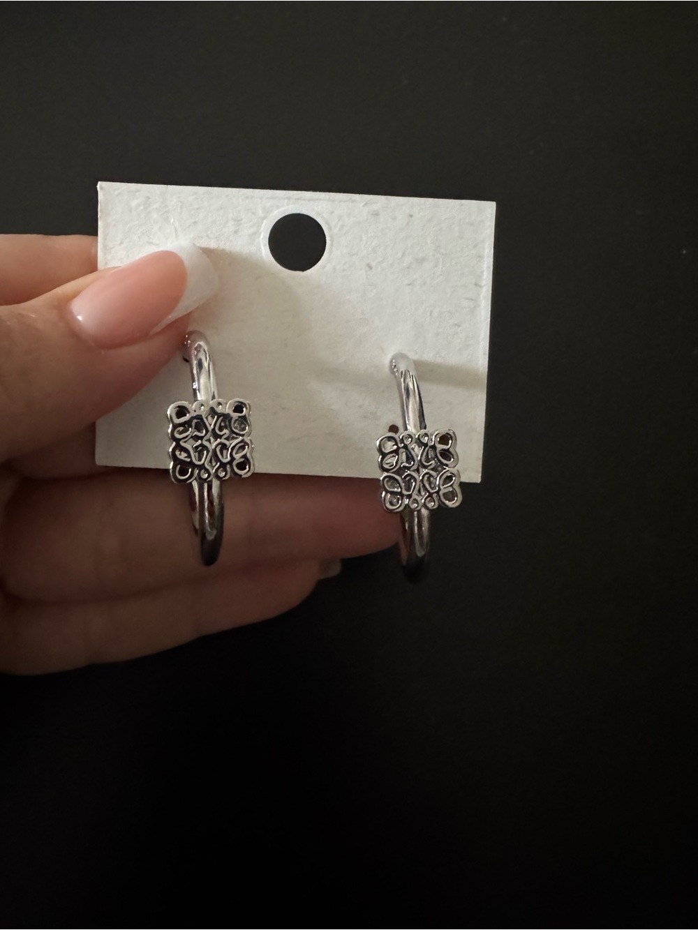 Silver-Tone Hoop Earrings with Filigree Square Charm